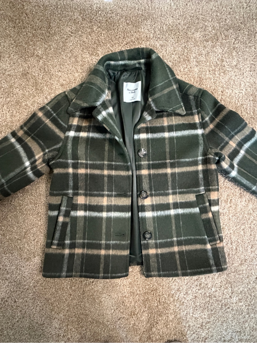 Abercrombie & Fitch Olive Green Plaid Peacoat